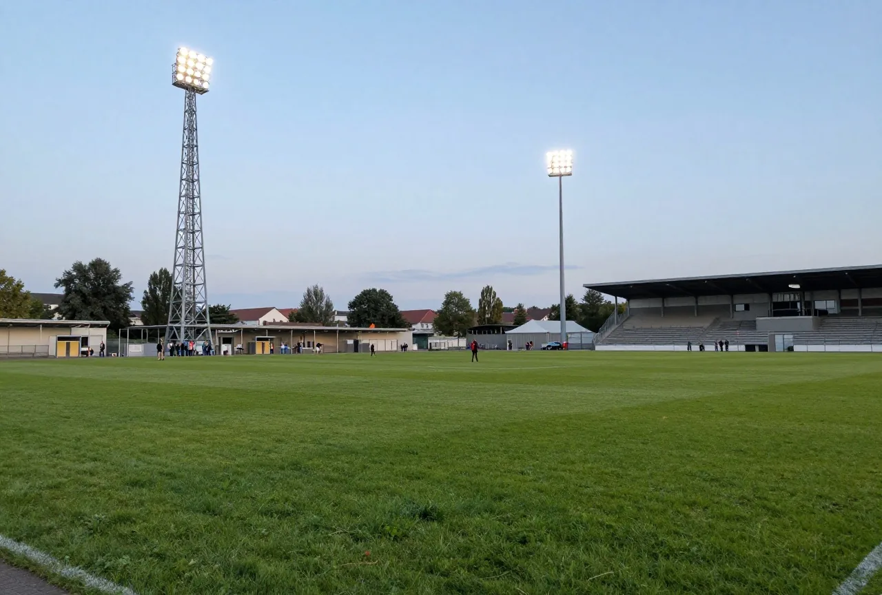 Alter Flutlichtmast aus Stahlgitter neben einer modernen Tribüne vor dem Abendhimmel mit leuchtenden Lampen