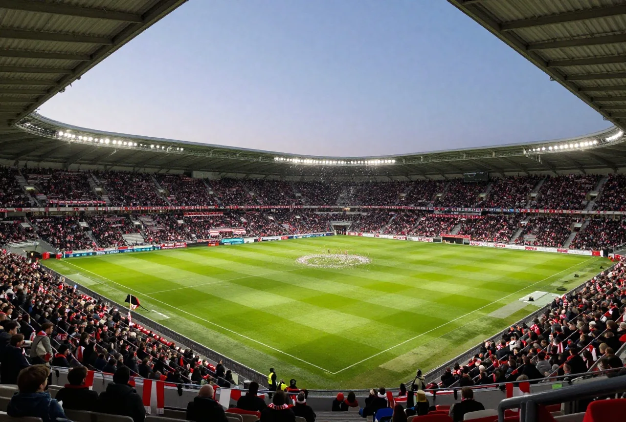 Volles Stadion bei Nacht, Fans mit roten und weißen Schals, Konfetti über den Rängen im Flutlicht