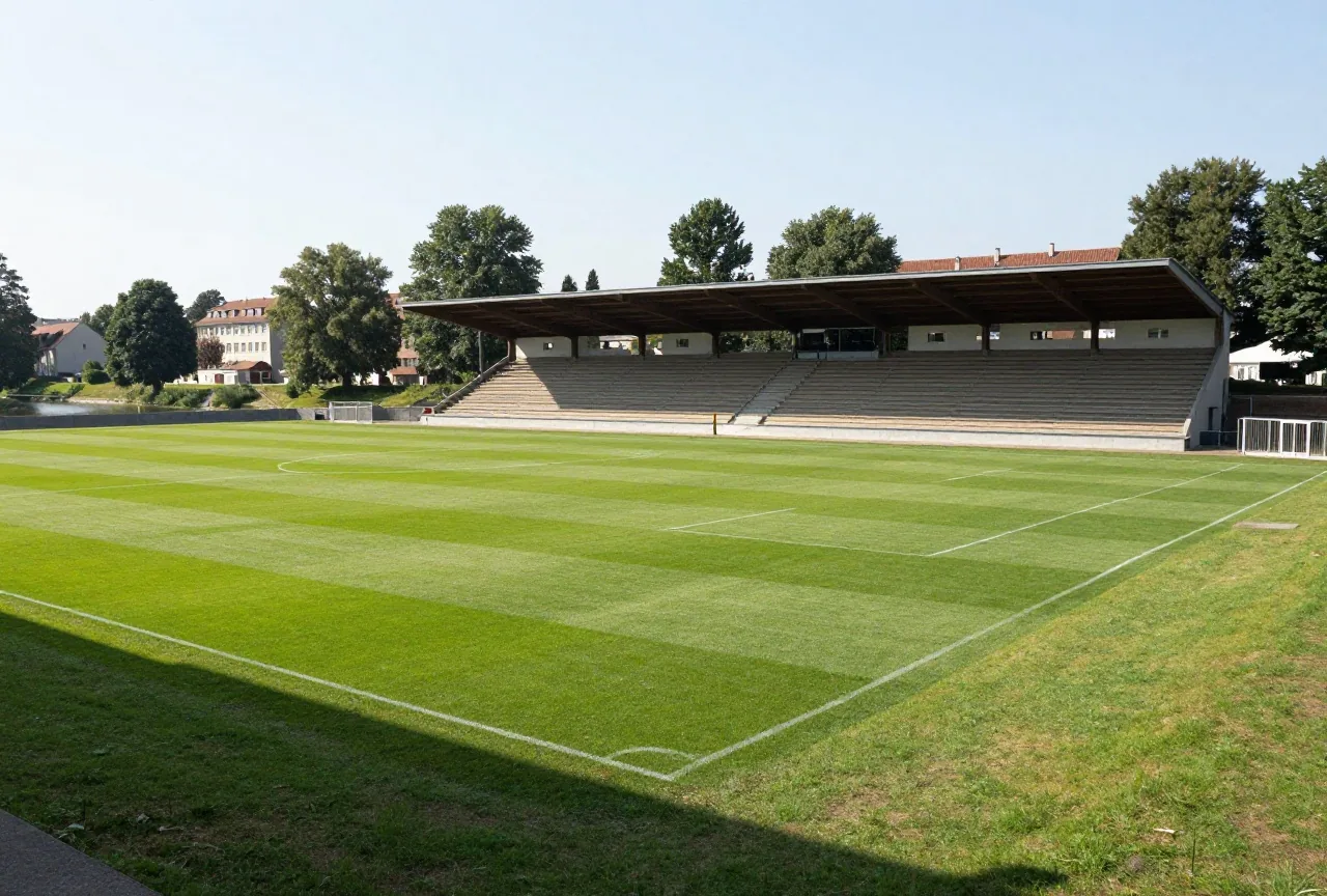 Älteres kleines Fußballstadion an einem baumgesäumten Flüsschen mit überdachter Haupttribüne im Spätsommerlicht