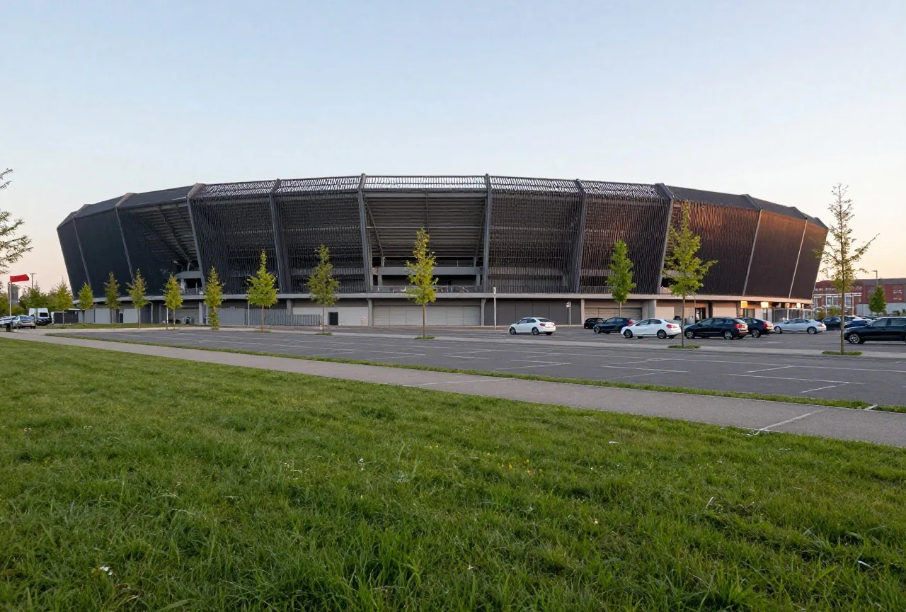 Außenansicht eines kompakten modernen Stadions mit dunkler Metallfassade und leerem Parkplatz am Frühlingsabend