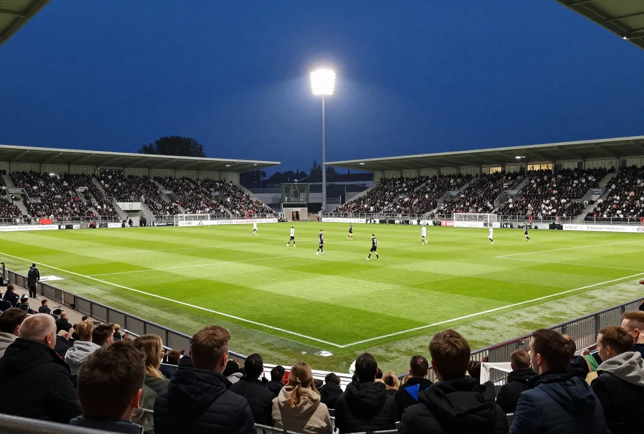 Kleines Stadion bei Nacht mit vollen Rängen nah am Spielfeld, Spieler in Schwarz und Weiß im Flutlicht