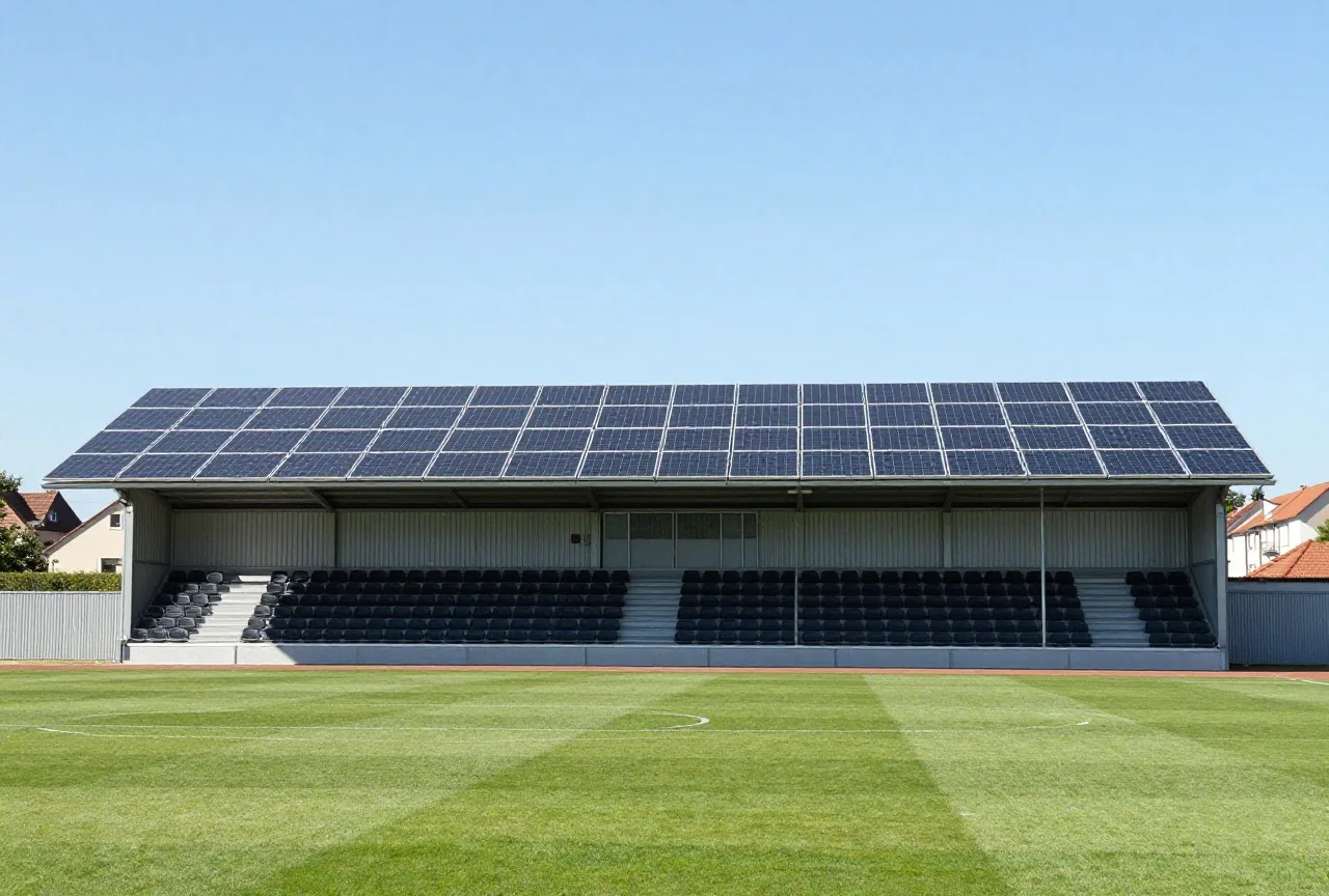 Solarmodule auf dem Dach einer kleinen Tribüne, darunter Reihen schwarzer Sitze an einem sonnigen Tag