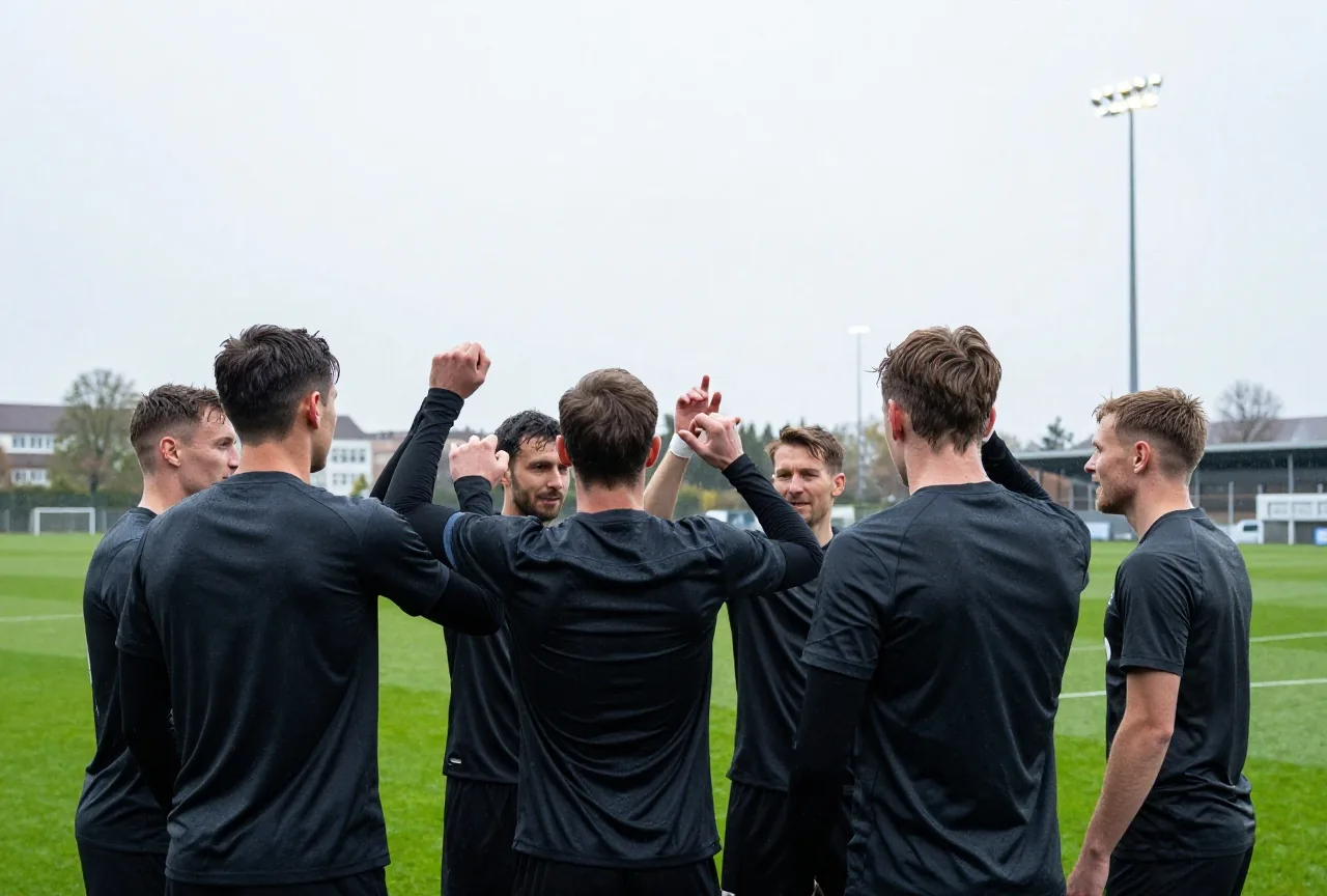 Fußballspieler in schlichten Trikots feiern nach dem Abpfiff gemeinsam auf nassem Rasen im Regen unter Flutlicht, von hinten gesehen