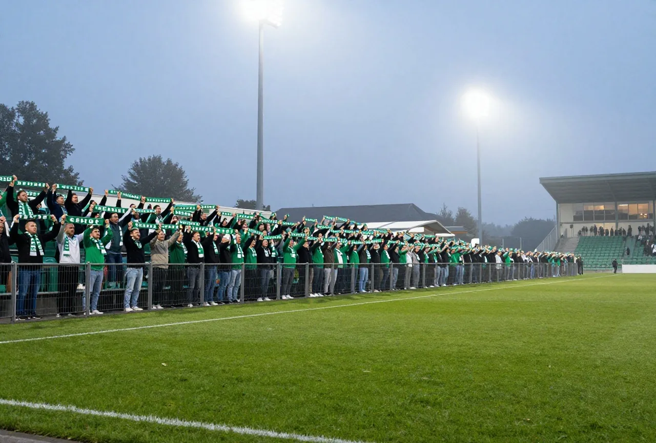 Volle Stehtribüne bei Nacht, Fans halten grüne und weiße Schals hoch, Flutlicht im leichten Nebel