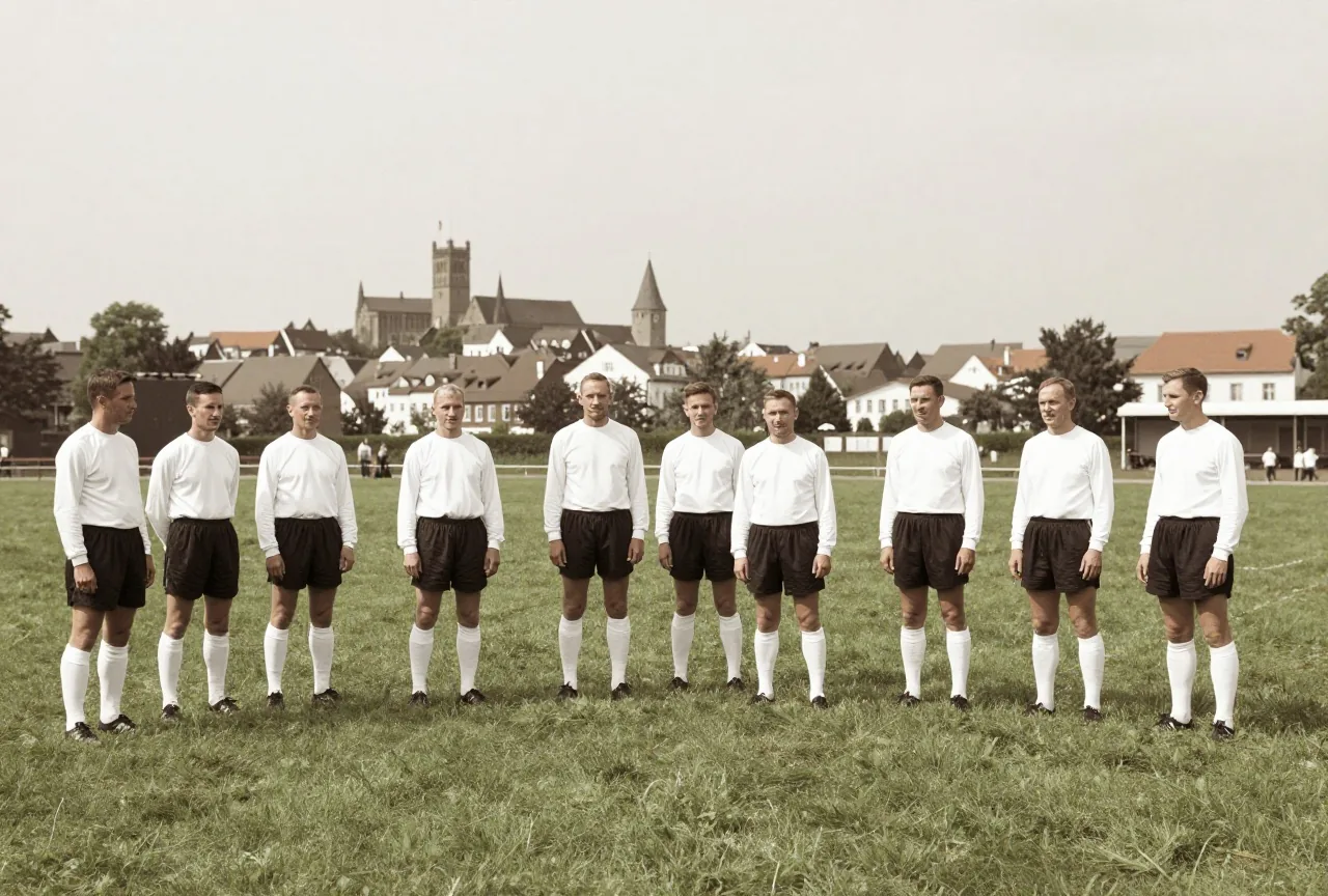Erwachsene Fußballer in weißen Langarmtrikots um 1910 auf einer Wiese, dahinter eine Altstadtsilhouette, Sepia-Aufnahme