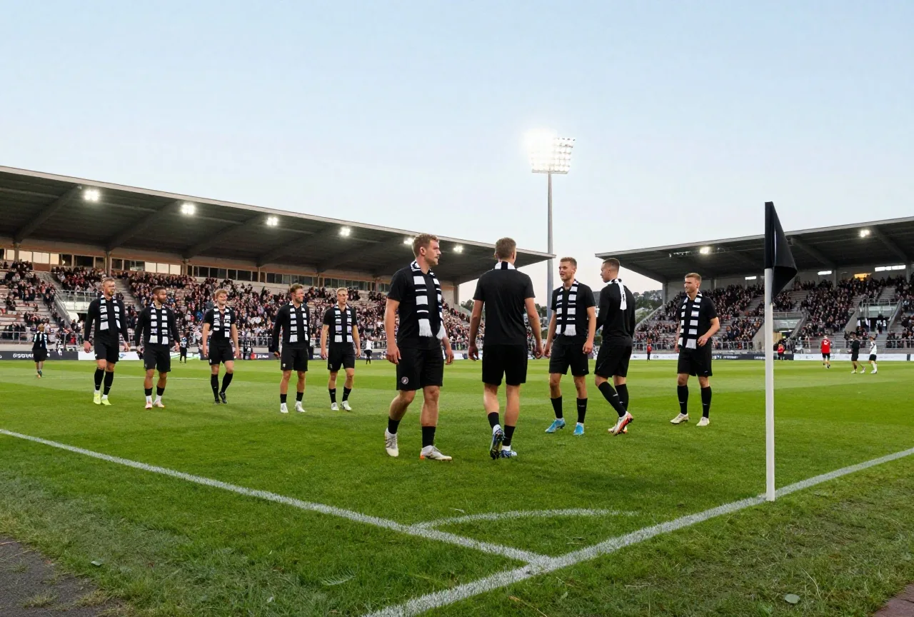 Mittelgroßes Stadion an einem Augustabend im Flutlicht, Fans mit schwarzen und weißen Schals, Spieler jubeln