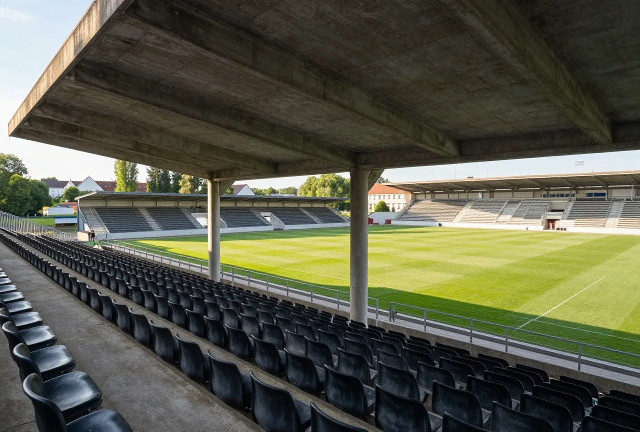 Reihen schwarzer Sitze unter einem alten Betondach in einem leeren Stadion im Licht der Nachmittagssonne