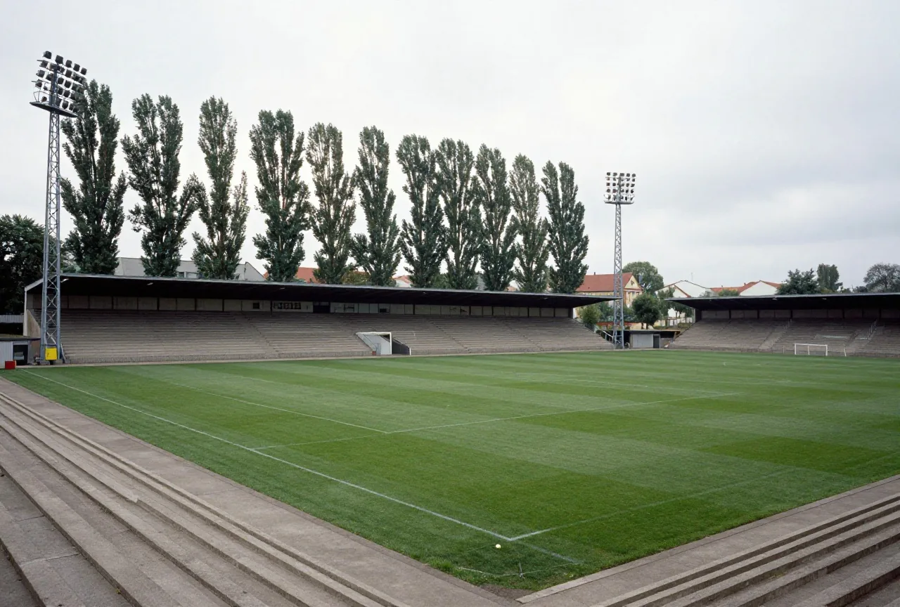 Einfaches Fußballstadion der späten 1970er Jahre mit Betonstufen, Flutlichtmasten und Pappeln hinter der Tribüne