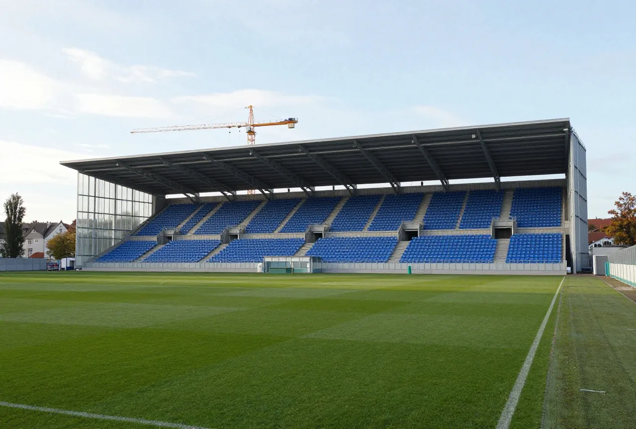Neu gebaute Haupttribüne mit Glaslogen und Kragdach, im Hintergrund ein Baukran im Herbstlicht