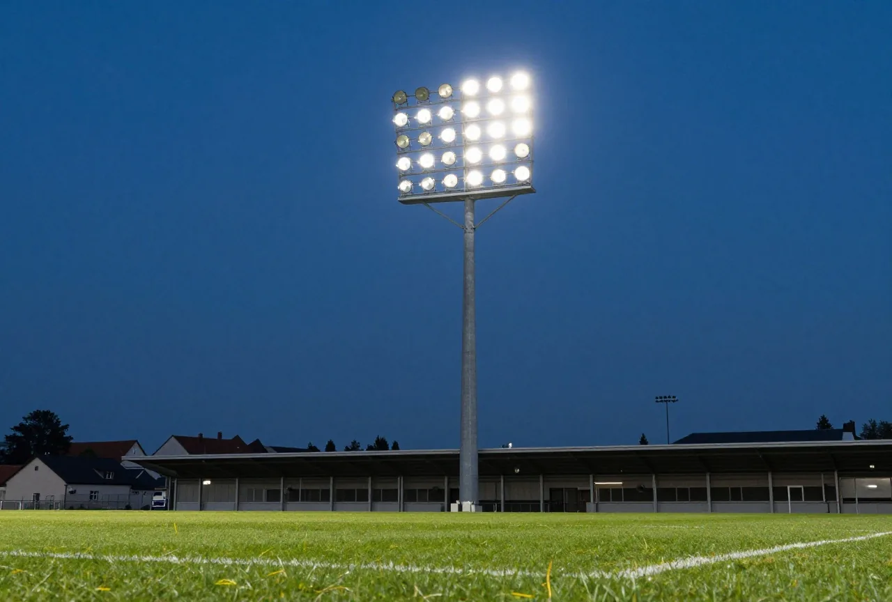 LED-Flutlichtmast mit vielen Strahlern vor dunkelblauem Abendhimmel über einem Stadiondach
