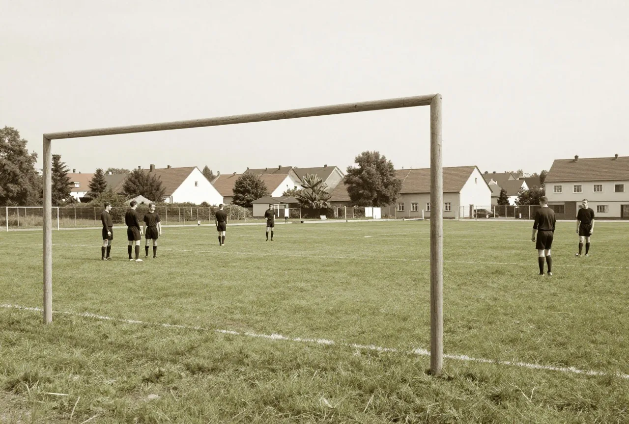 Einfacher Rasenplatz am Rand einer Kleinstadt um 1920 mit Holztoren, am Spielfeldrand stehen Männer in dunklen Sporthemden
