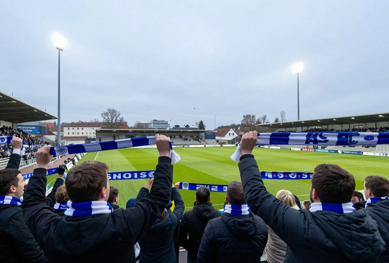 Fans mit schlichten blau-weißen Schals feiern auf einer vollen Stehtribüne unter Flutlicht, von hinten gesehen, Konfetti in der Luft