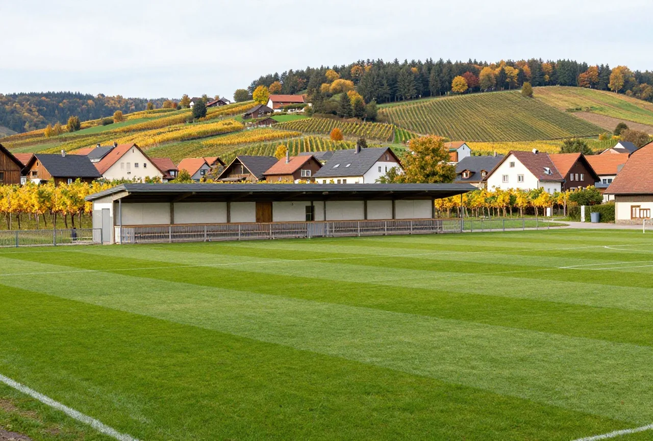 Kleiner Dorfsportplatz mit Vereinsheim und Holzgeländer vor Weinbergen im Kraichgau im Herbstlicht
