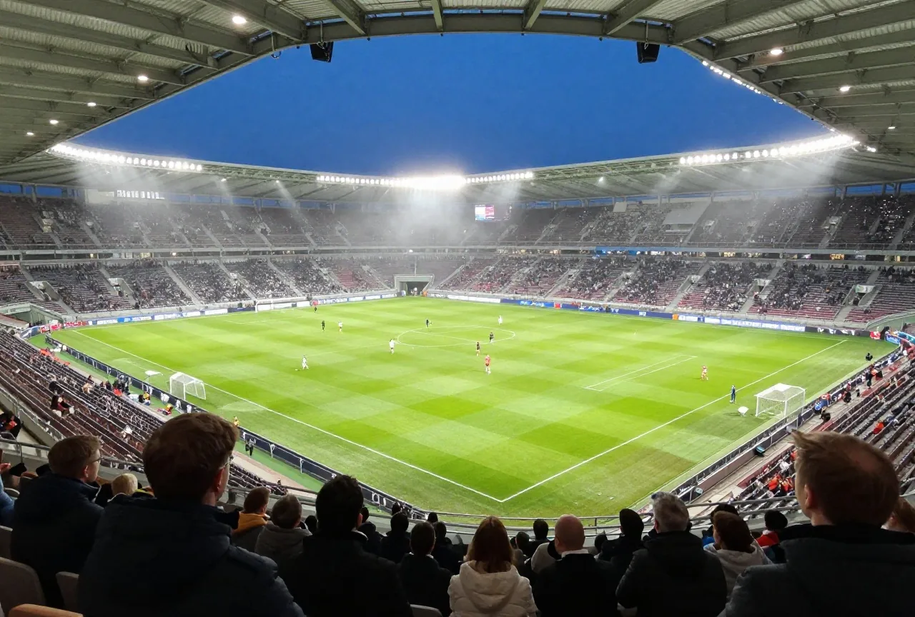 Flutlichtstadion bei einem Abendspiel von hoch oben, kleine Spieler auf hellem Rasen und leichter Nebel