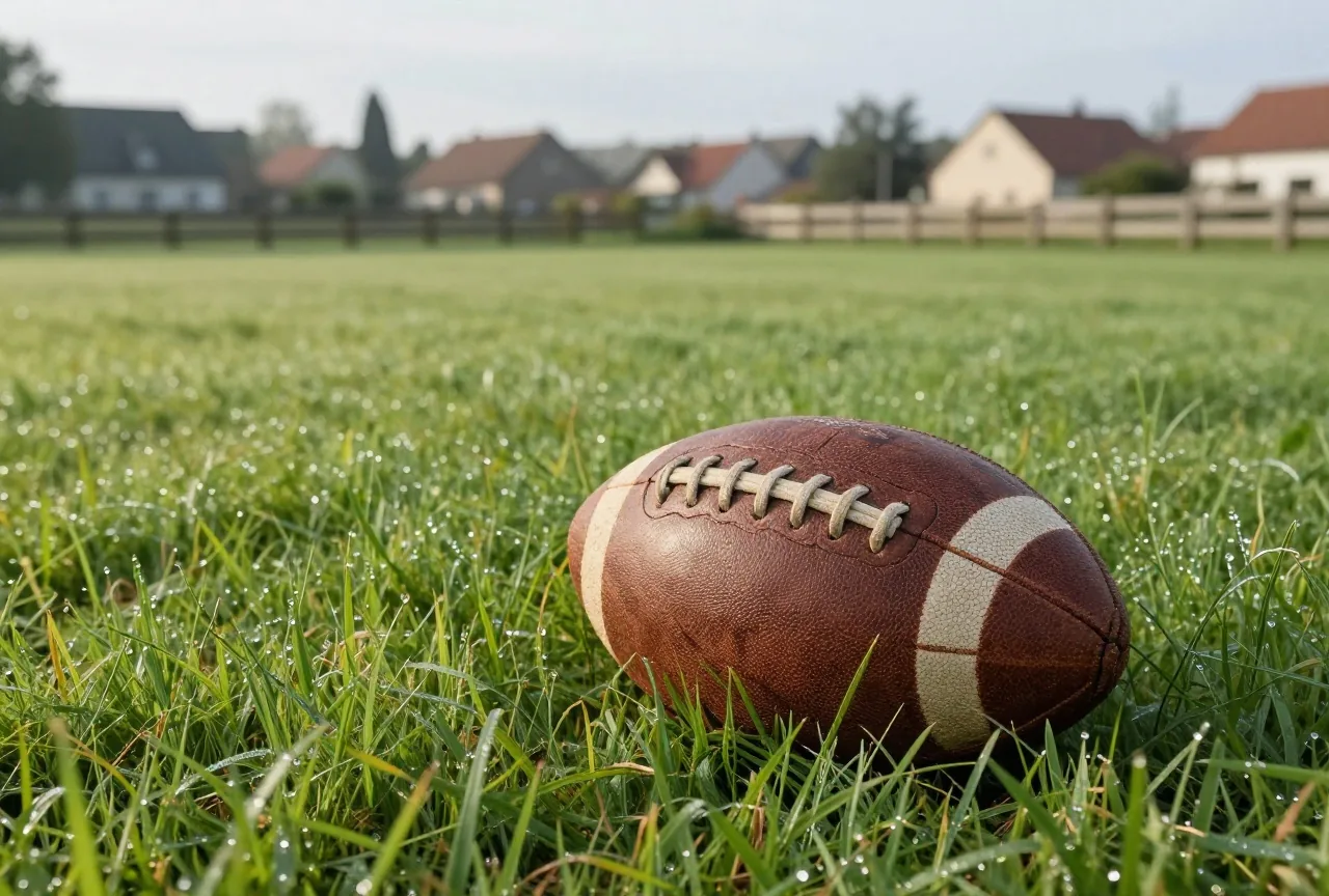 Alter abgenutzter Lederball aus dem frühen 20. Jahrhundert im hohen Gras einer Dorfwiese