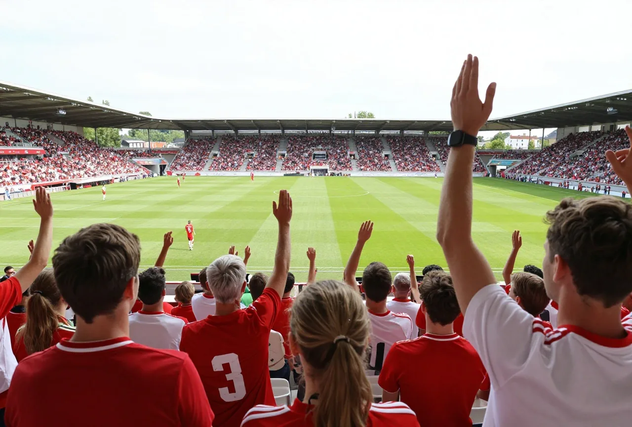 Volles kleines Stadion nach der Verlängerung, Fans in Rot und Weiß von hinten mit erhobenen Armen
