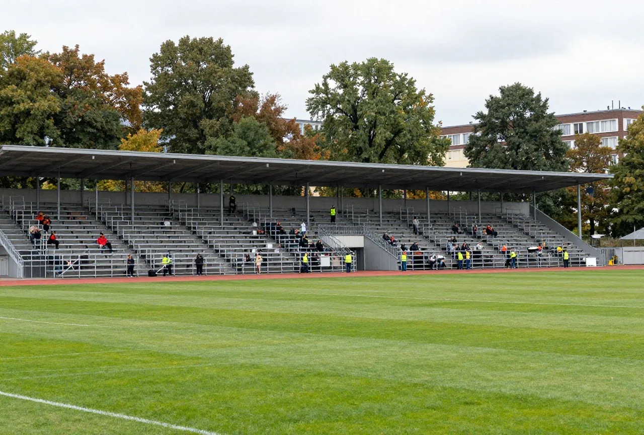Mobile Stahltribünen werden neben einem älteren Stadion zwischen hohen Waldbäumen im Herbst aufgebaut