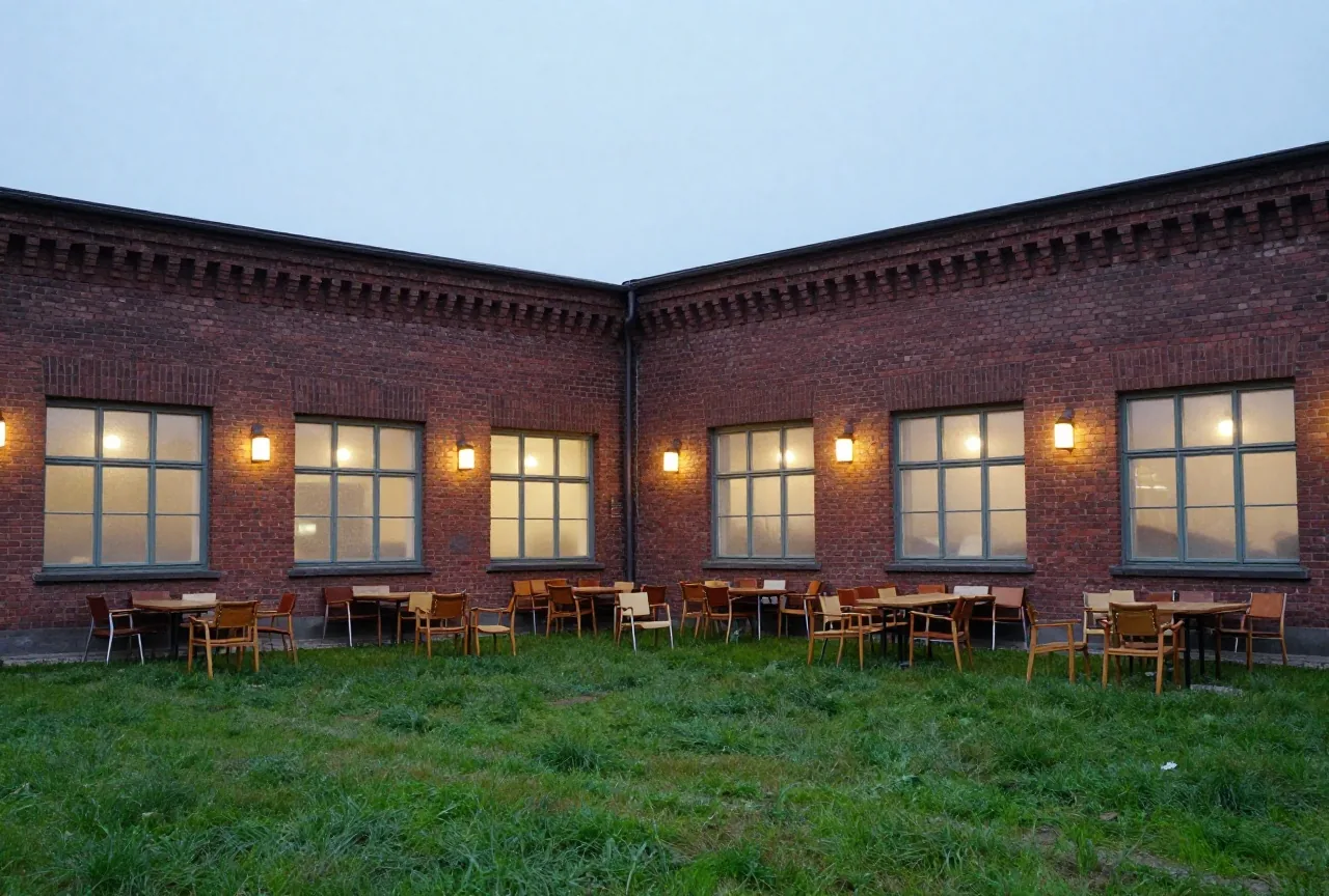 Alte Klubhaushalle eines Fabrikgeländes mit Holzstühlen und warmen Lampen an einem Winterabend