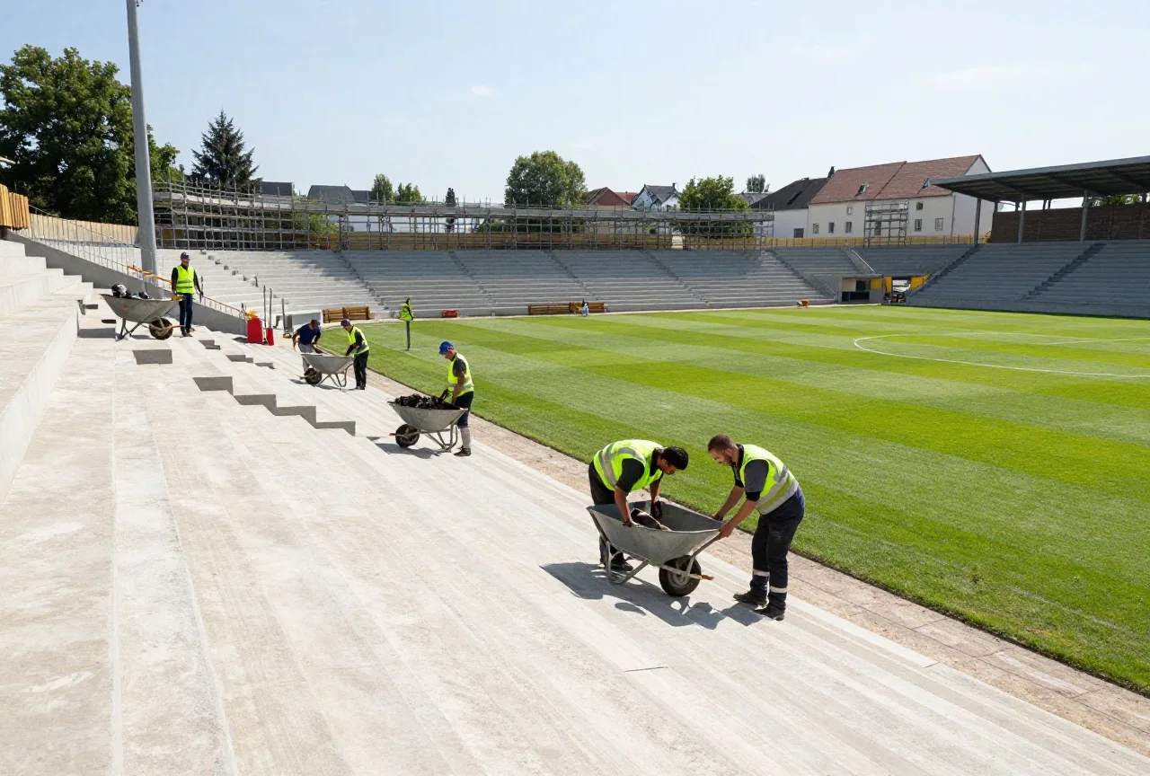 Freiwillige in Arbeitskleidung bauen an einem Sommermorgen neue Betonstufen für eine Stehtribüne