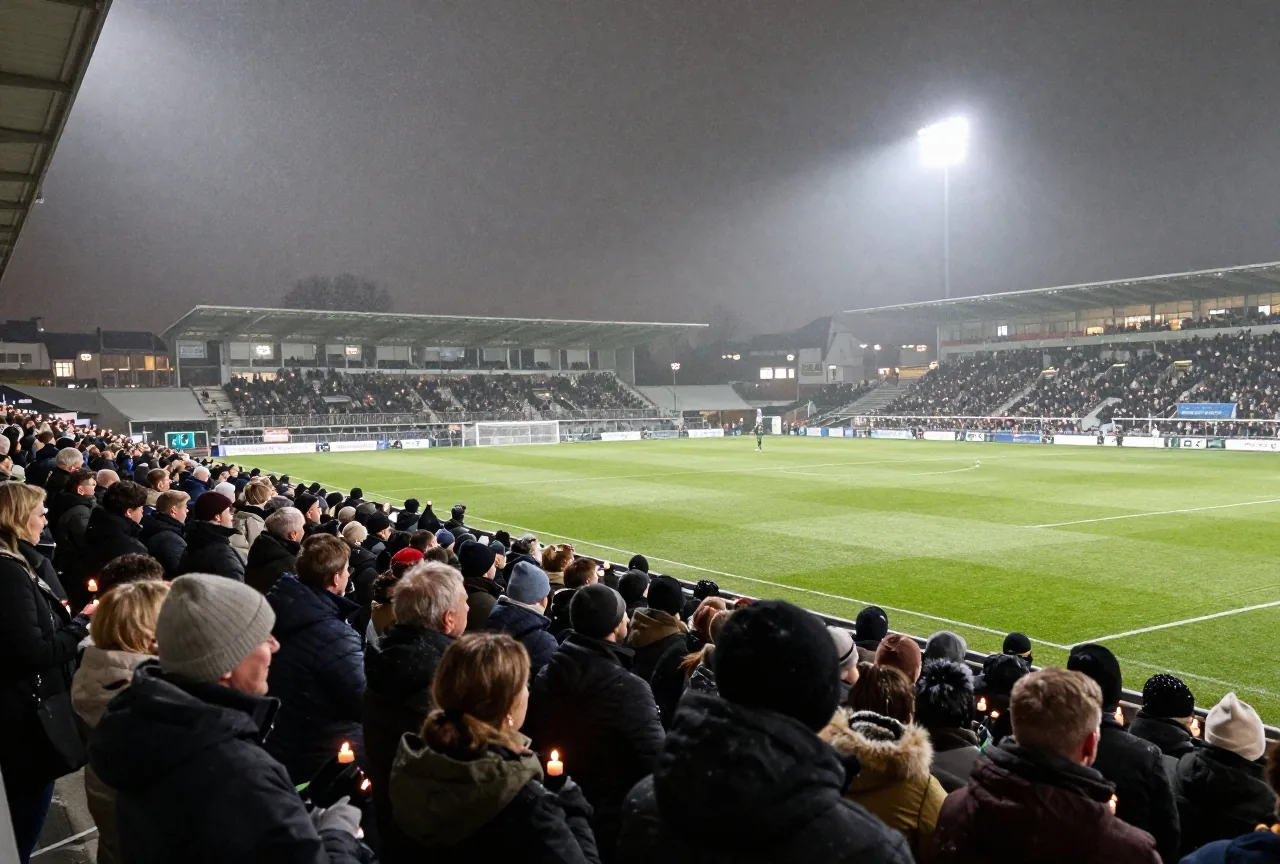 Voll besetzte Stehtribüne bei Nacht mit tausenden Kerzenlichtern und leichtem Schneefall