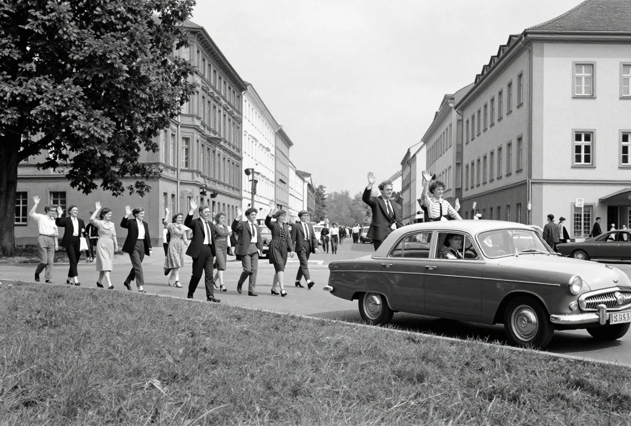 Menschenmenge in einer Stadtstraße, die einem offenen Wagen zujubelt, im Stil einer Schwarzweißaufnahme aus den 1950er Jahren