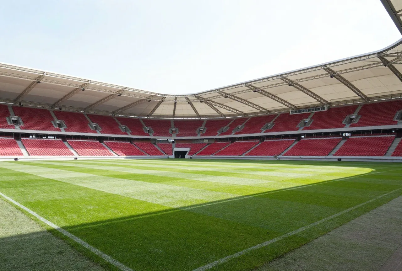 Leere Stadiontribüne mit roten Sitzen unter einem weißen Membrandach und frischem grünem Rasen in der Sonne