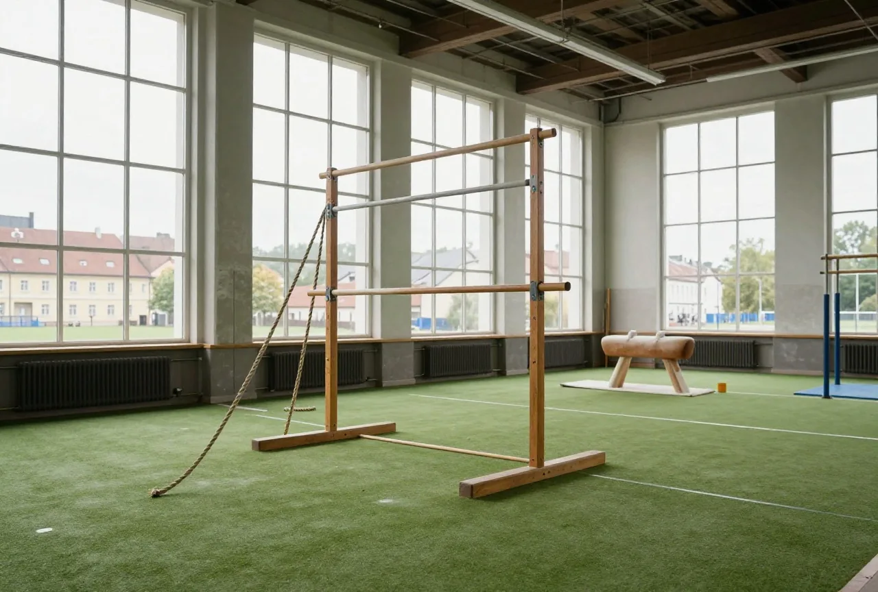 Turnhalle aus dem 19. Jahrhundert mit Barren, Kletterseilen und Seitpferd im staubigen Licht hoher Fenster