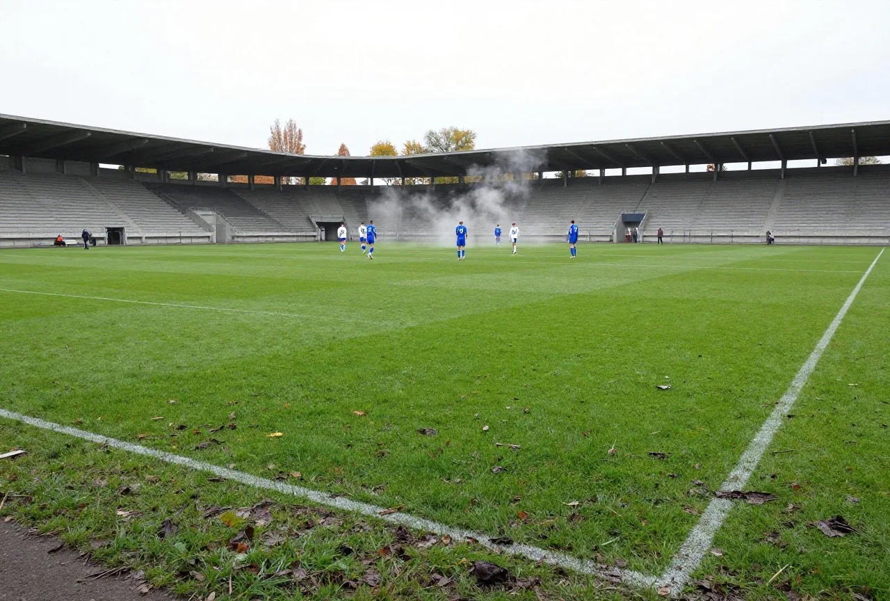 Schlammiger Fußballplatz in einem Betonstadion der 1970er Jahre an einem grauen Herbsttag mit Spielern in Blau und Weiß aus der Ferne