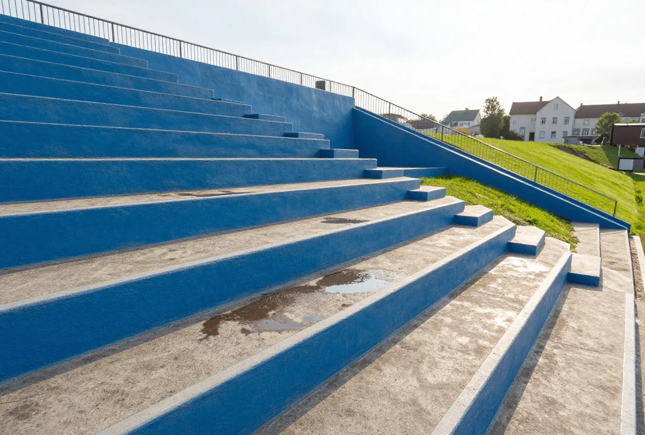Steile blaue Stehtribüne mit Wellenbrechern in einem kleinen Stadion in der Morgensonne mit Pfützen auf den Stufen