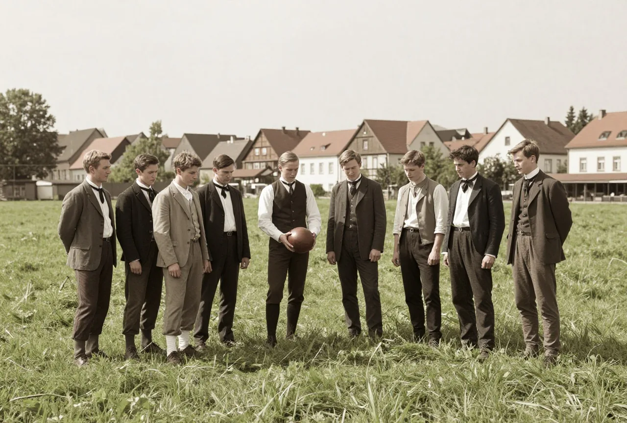 Junge Männer in Kleidung der 1890er Jahre mit einem Lederball auf einer Wiese am Rand einer Kleinstadt in Sepiatönen