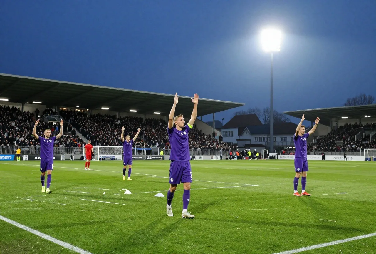 Spieler in lila Trikots feiern bei Nacht auf nassem Rasen vor einer voll besetzten Stehtribüne