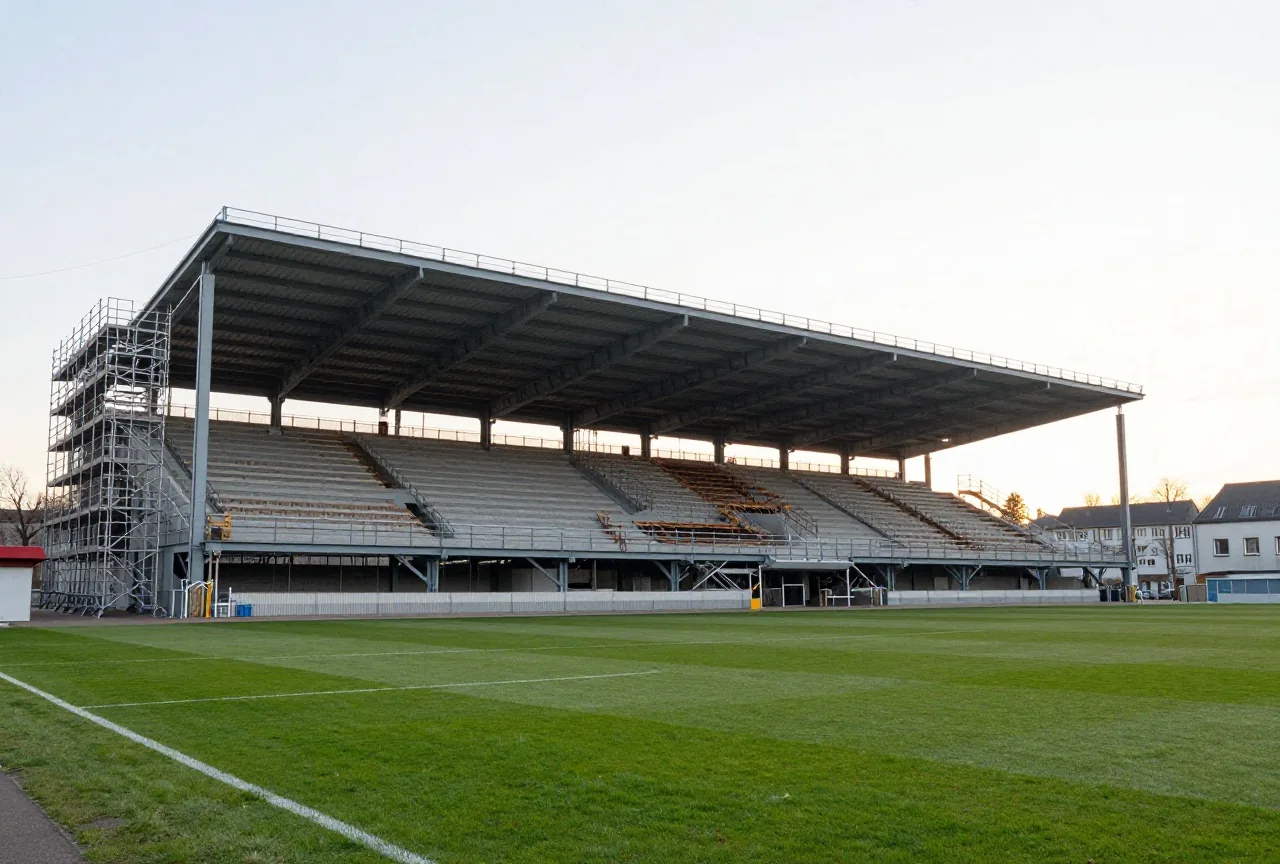 Stadiontribüne im Umbau ohne Dach mit freiliegenden Stahlträgern und Gerüsten am hellen Morgenhimmel