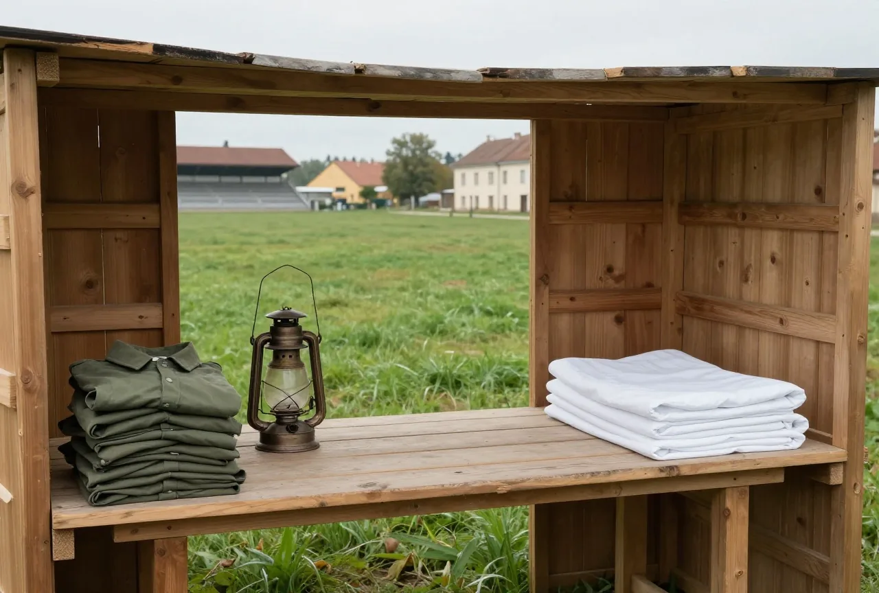 Einfache Holzbaracke im Herbst 1945 mit langem Tisch, Öllampe, grünen Hemden und gefalteten weißen Bettlaken