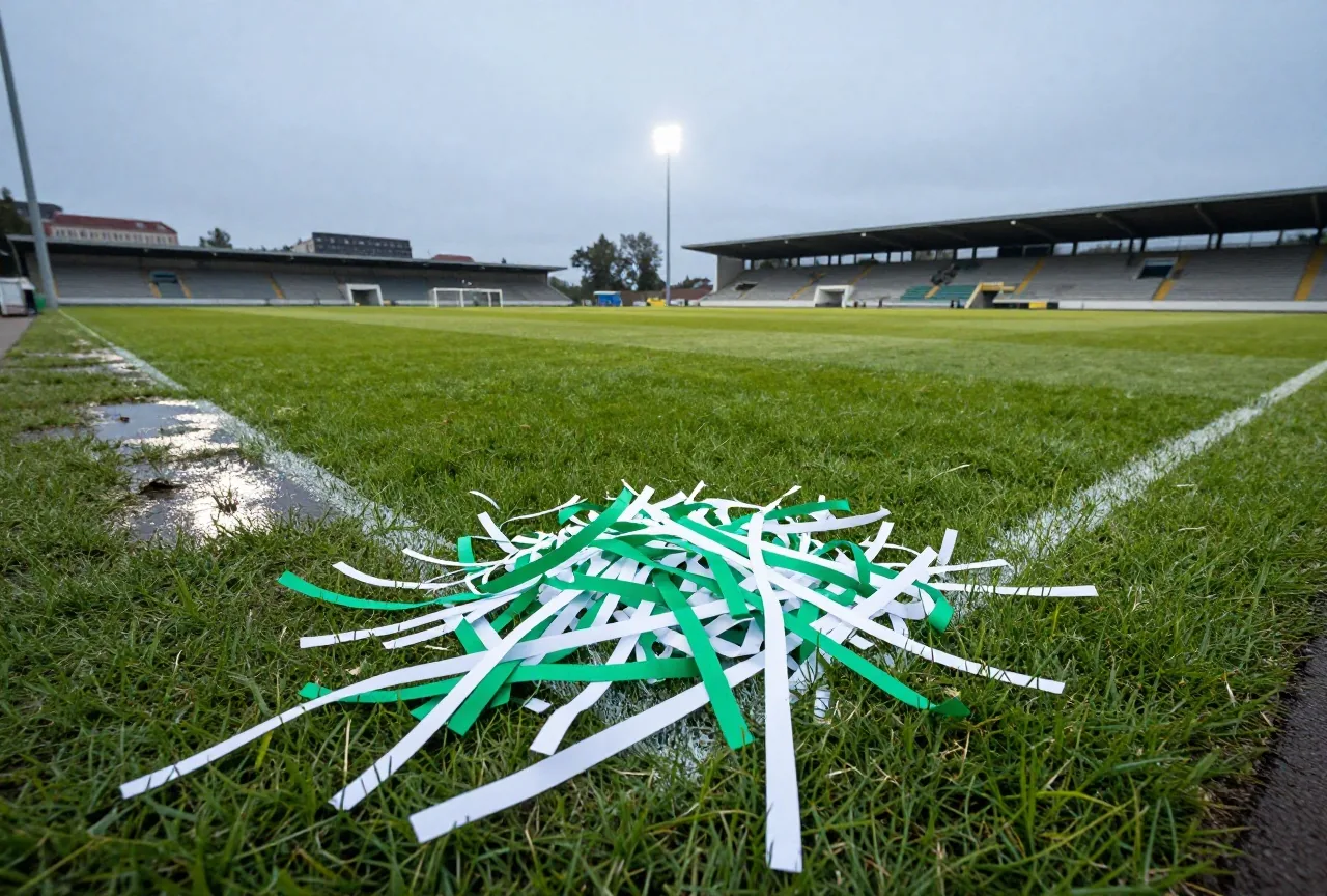 Grüne und weiße Papierschlangen auf nassem Stadionrasen nach einem Abendspiel im Flutlicht