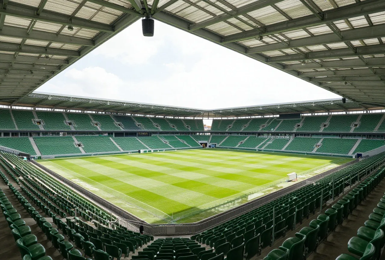 Blick vom Oberrang eines modernen Stadions mit grünen Sitzen und stützenfreiem Dach im Nachmittagslicht