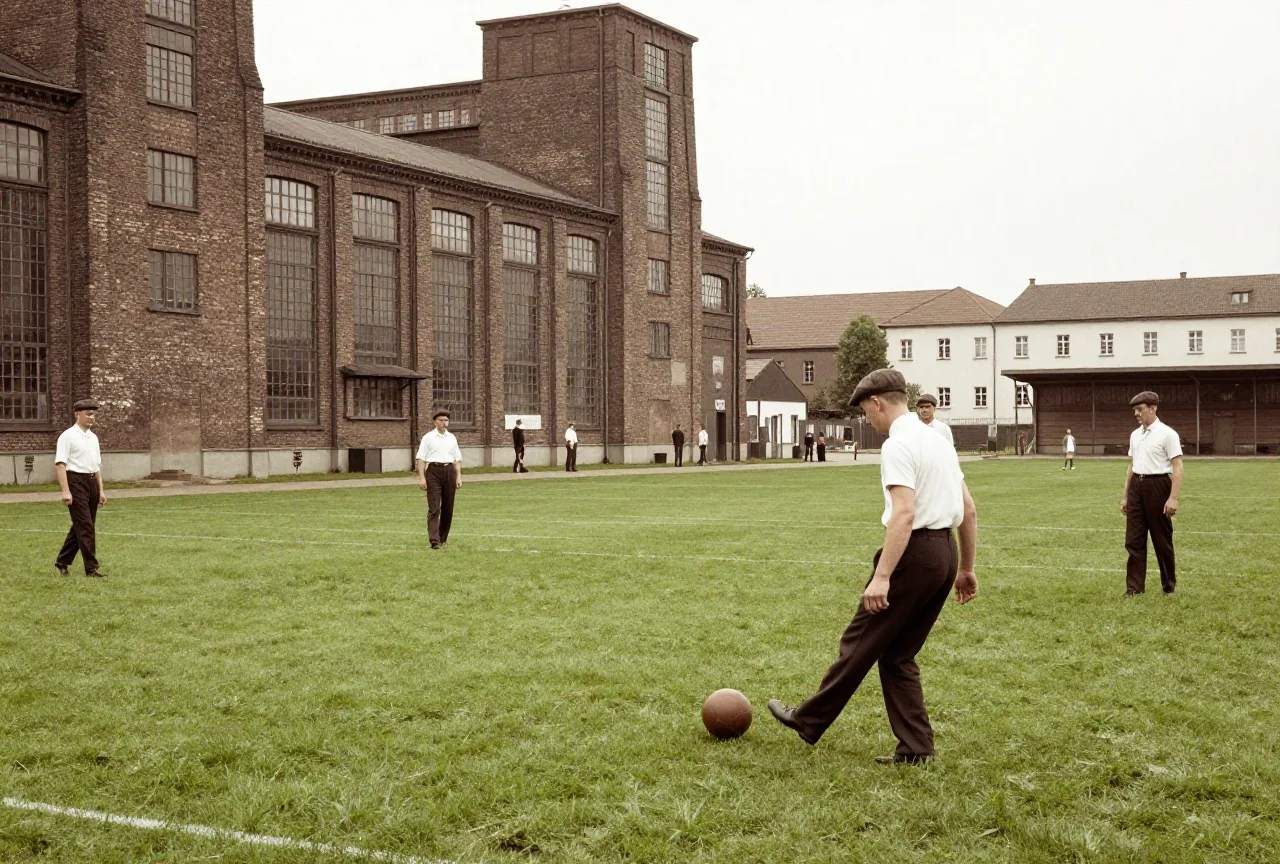 Alte Fabrikhallen aus Backstein neben einem kleinen Fußballplatz, Männer mit Schiebermützen spielen Fußball