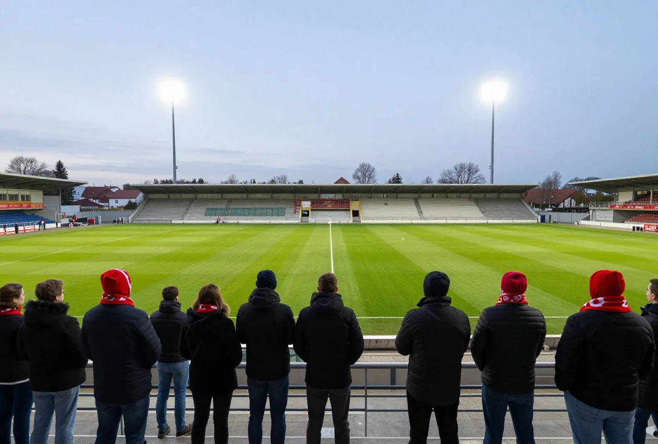 Stehplatzblock eines kleinen Stadions in der Dämmerung mit Fans in schwarz-roten Schals von hinten