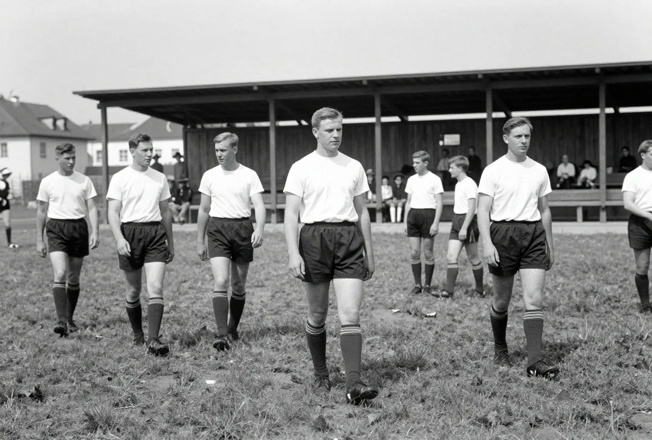 Fußballspieler in alten Baumwolltrikots auf einem sandigen Platz der 1930er Jahre vor einer Holztribüne