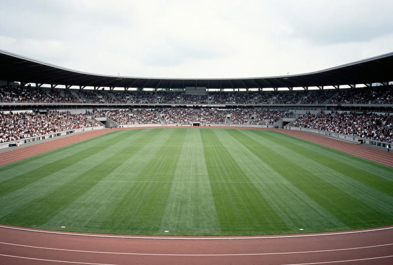 Großes Stadion mit Laufbahn in den 1980er Jahren mit vollen Betonrängen unter bewölktem Himmel