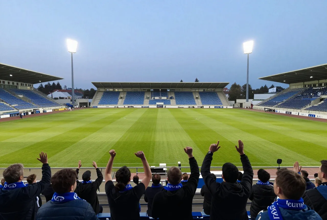 Stehkurve eines Stadions bei Nacht unter Flutlicht mit Fans in blau-schwarzen Schals von hinten