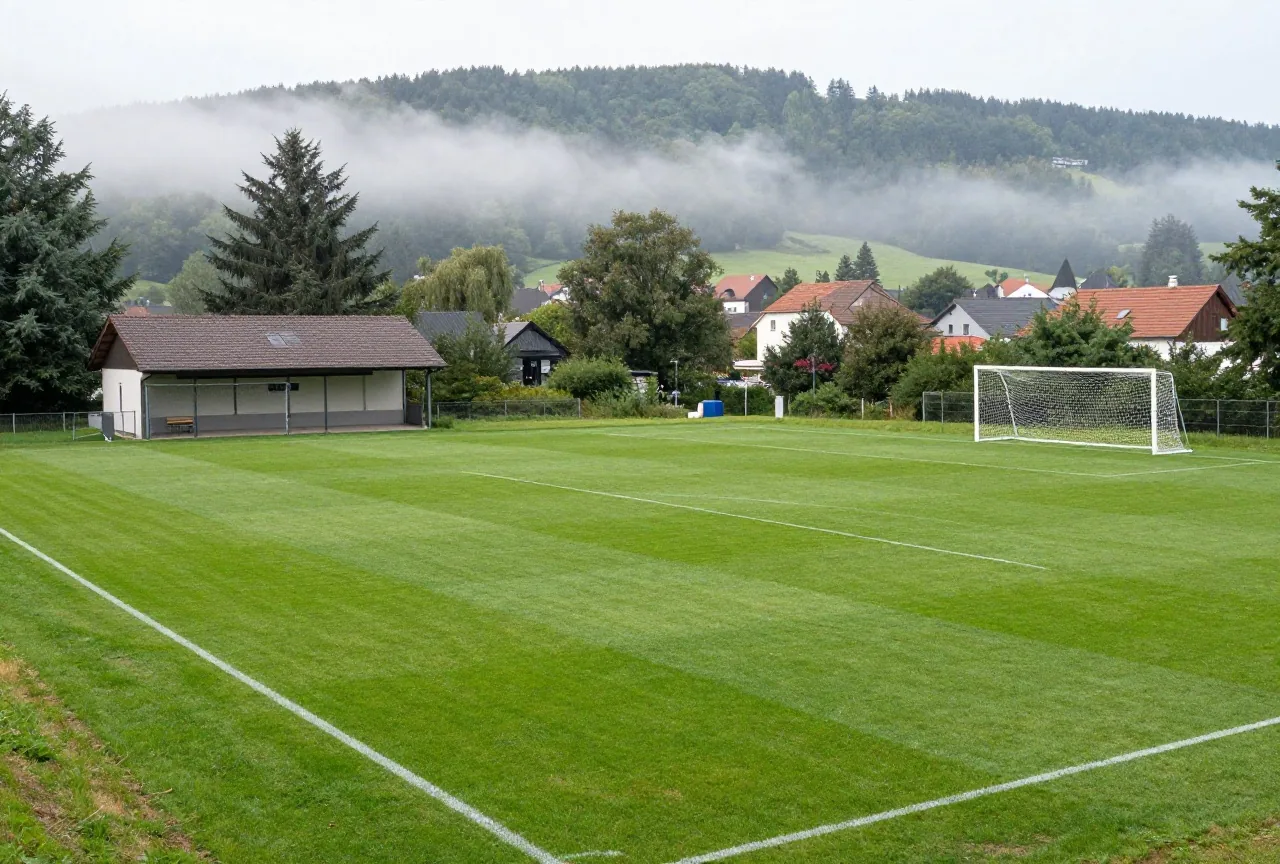 Kleiner Dorffußballplatz auf einer bewaldeten Anhöhe im Taunus mit Vereinsheim und Morgennebel
