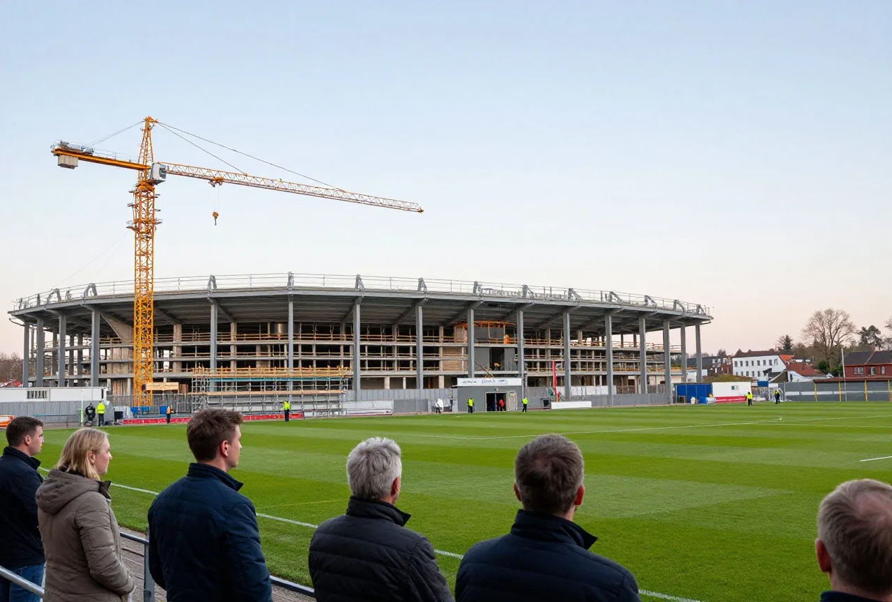 Baukran und Stahlgerüst einer neuen Stadiontribüne neben einem Fußballplatz in der Dämmerung