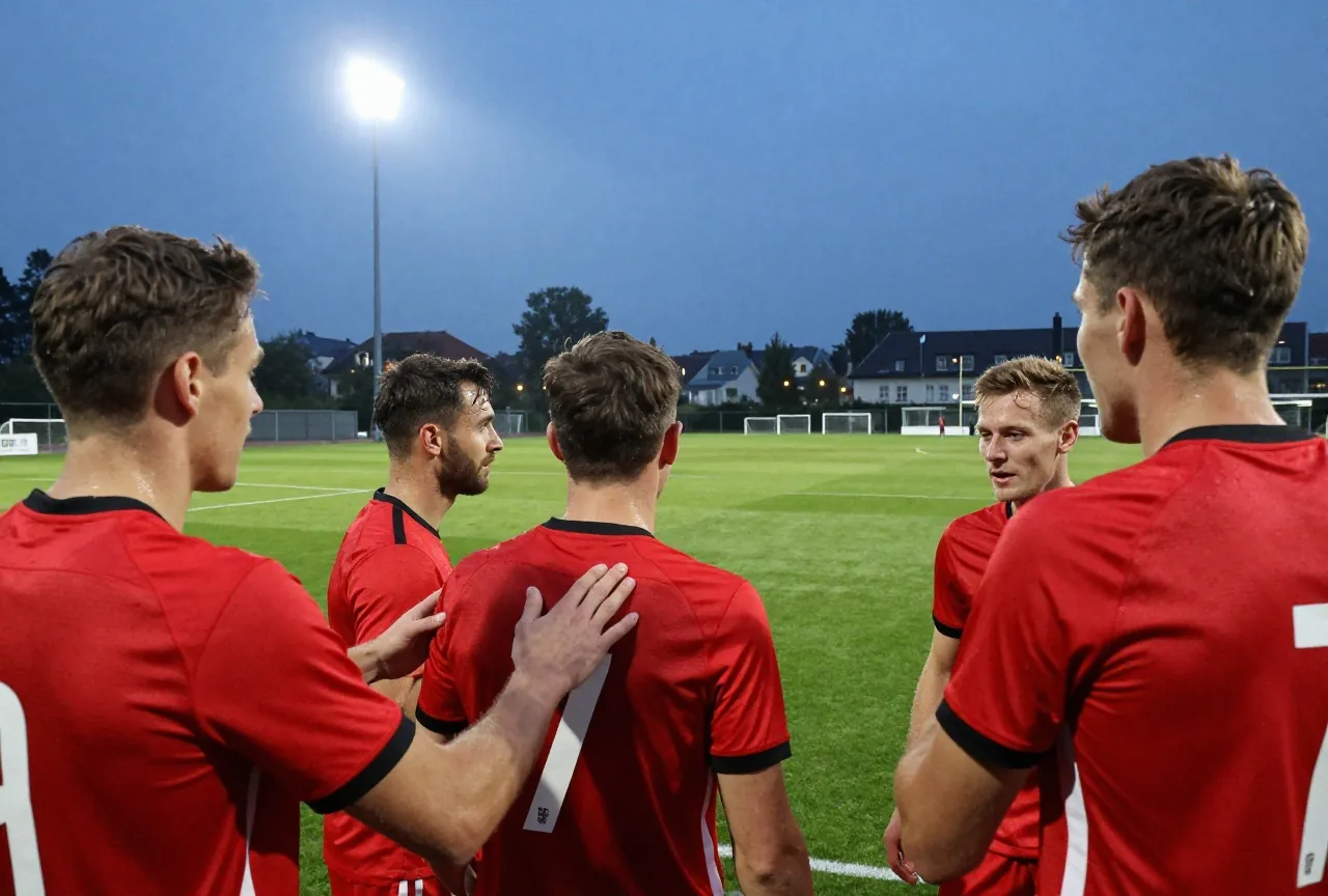 Fußballspieler in roten Trikots jubeln gemeinsam auf nassem Rasen unter Flutlicht, von hinten gesehen