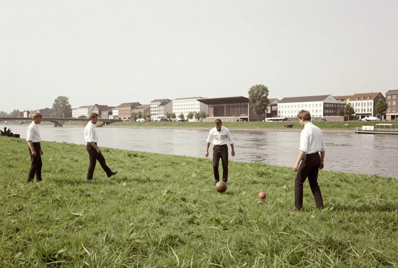Grasbewachsene Flussinsel um 1900, junge Männer in weißen Hemden spielen am Wasser Fußball