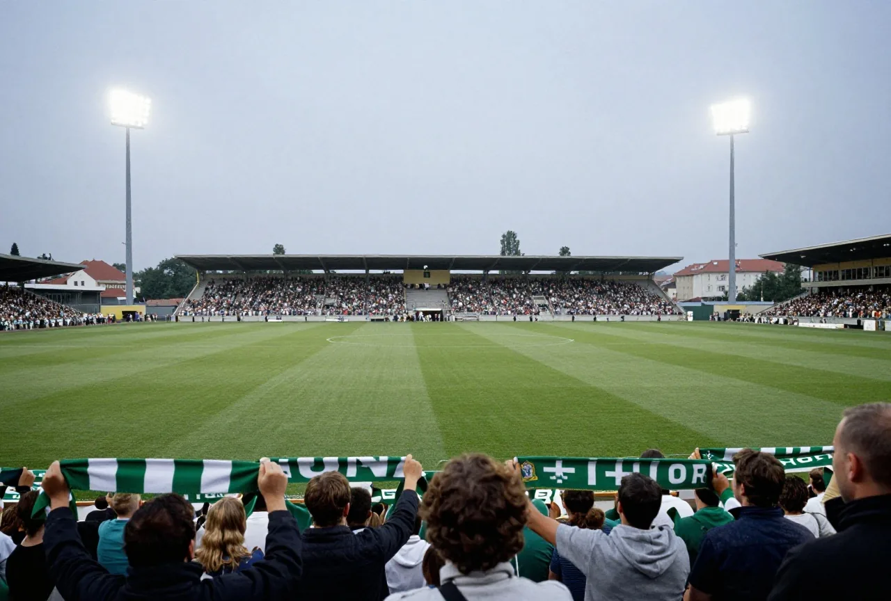 Volles Stadion Anfang der 1990er Jahre bei Nacht mit grün-weißen Schals der Fans von hinten