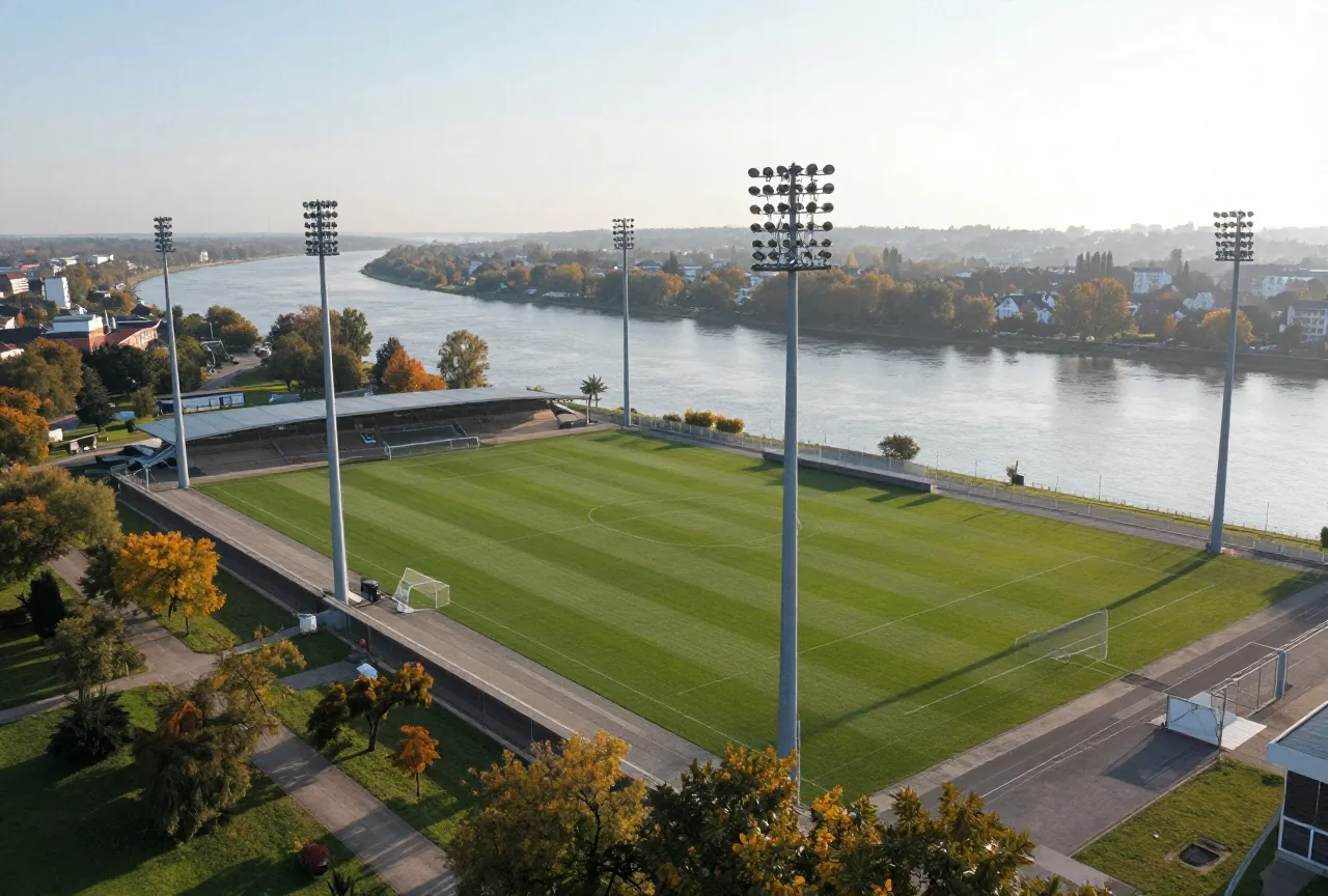 Luftaufnahme eines Fußballstadions an einem breiten Fluss mit vier Flutlichtmasten und Herbstbäumen