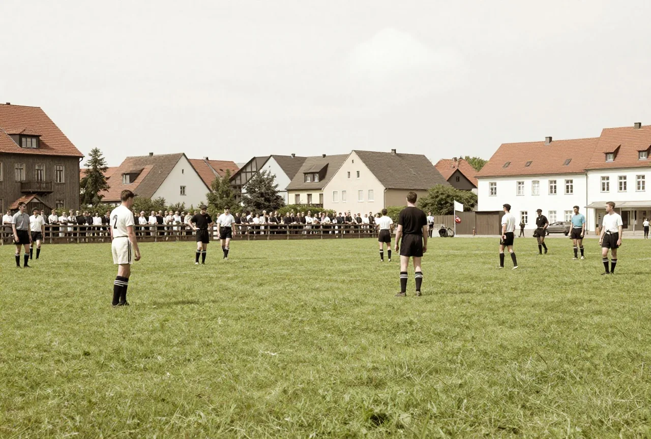 Fußballspiel Anfang des 20. Jahrhunderts auf einem einfachen Rasenplatz am Stadtrand, Zuschauer hinter einem Holzgeländer