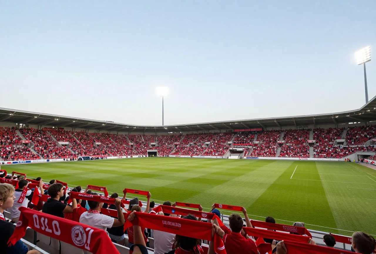 Ausverkauftes mittelgroßes Stadion unter Flutlicht an einem Sommerabend, Fans mit schlichten roten Schals jubeln auf den Rängen