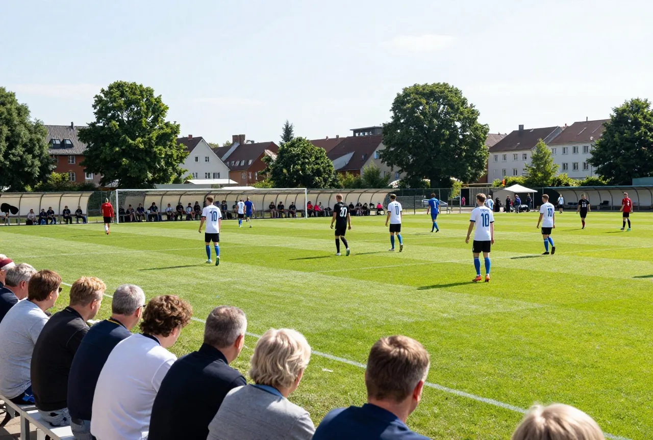Voller kleiner Amateurfußballplatz an einem sonnigen Augustnachmittag, Spieler laufen von hinten gesehen aufs Feld