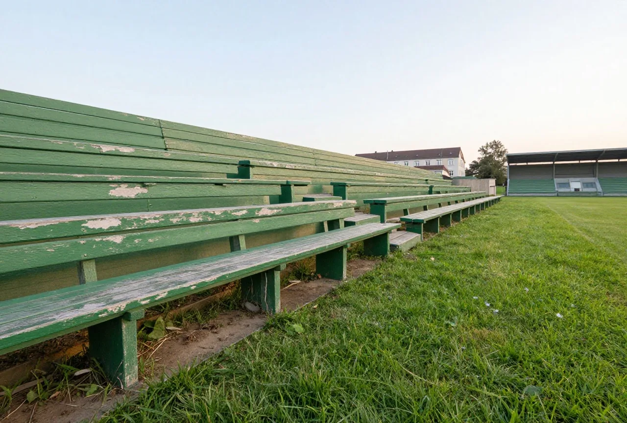 Verwitterte Sitzreihe aus Holz in einem älteren Fußballstadion, darunter der Rasen im Morgenlicht